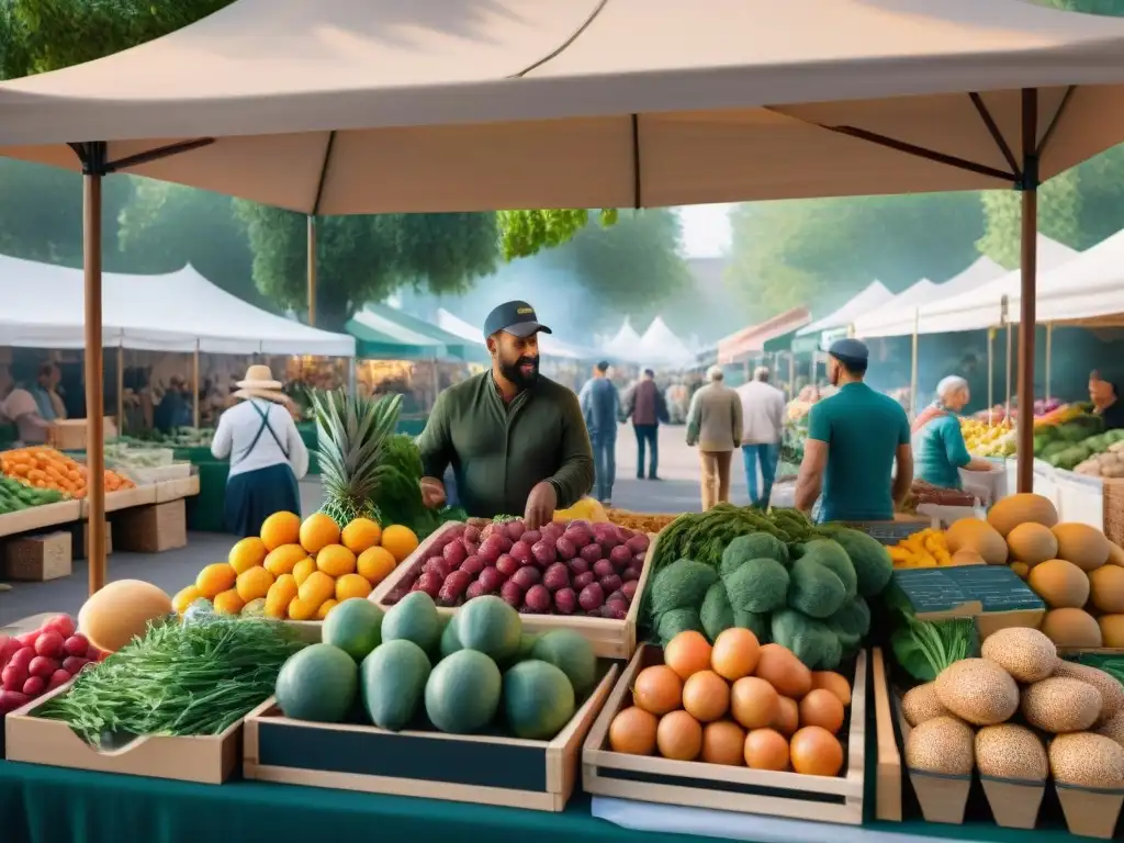 Un animado mercado de agricultores con ingredientes locales, sin gluten, lleno de color y vida