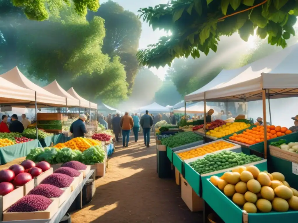 Un animado mercado de agricultores con ingredientes locales sin gluten, clientes entusiasmados y coloridos puestos de frutas y verduras frescas