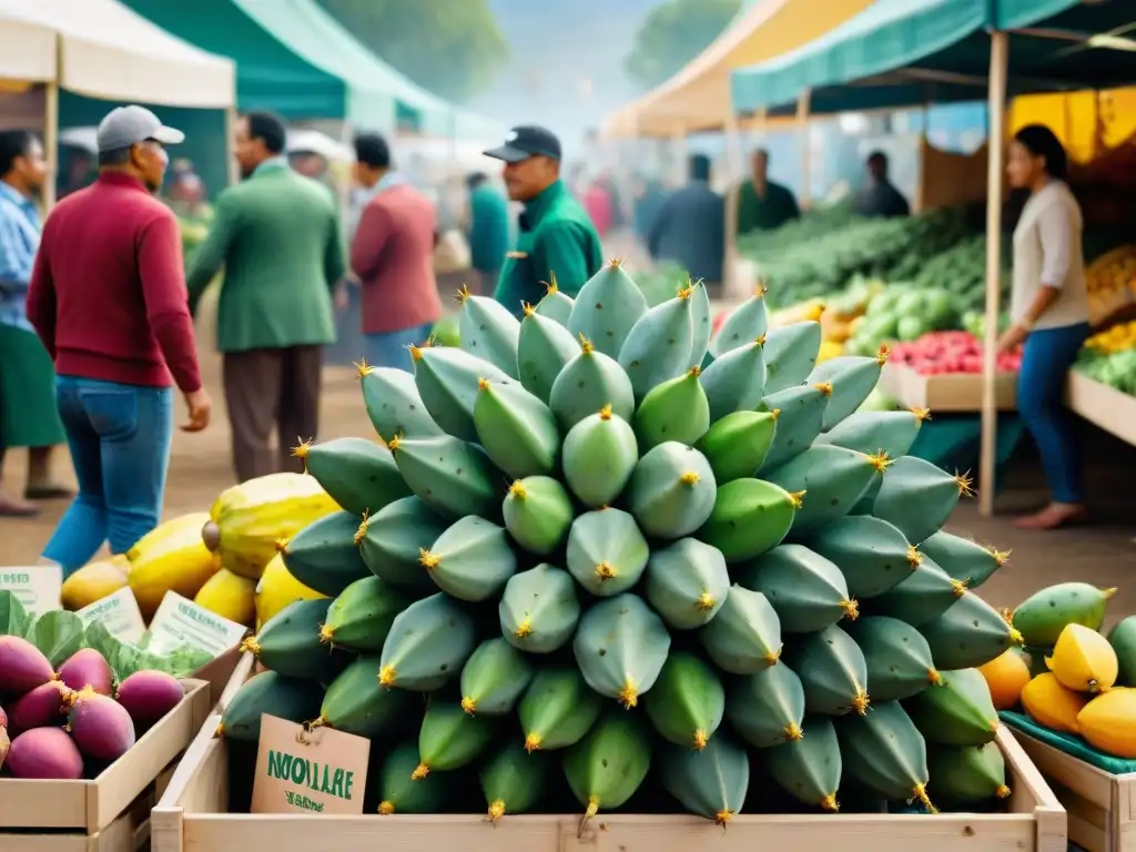 Un animado mercado de agricultores con nopales frescos en tonos verdes, diversidad de personas comprando