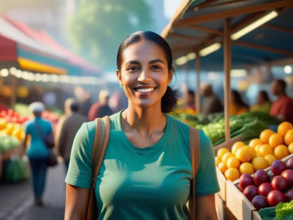 Un animado mercado de agricultores con personas de diferentes edades y etnias, sonrientes y saludables, sosteniendo frutas y verduras coloridas