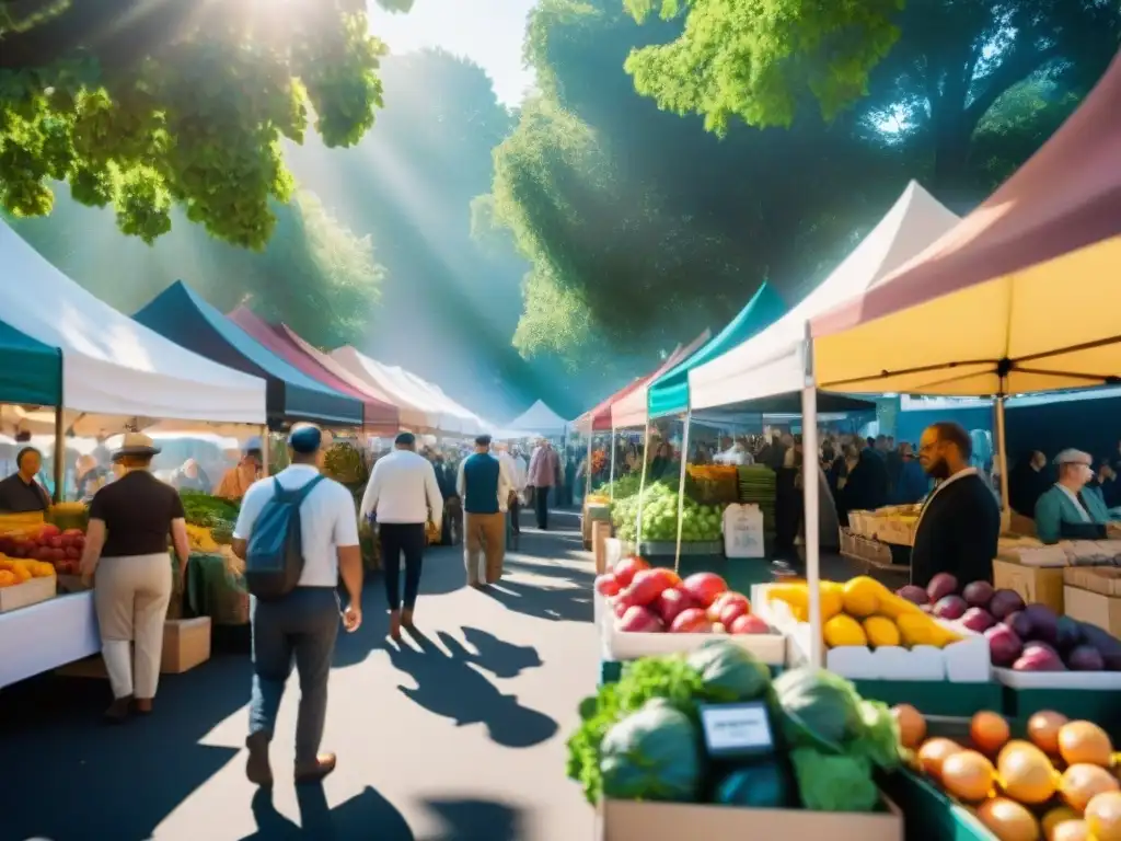 Un animado mercado de agricultores con puestos coloridos rebosantes de productos orgánicos sin gluten, creando una atmósfera cálida y comunitaria