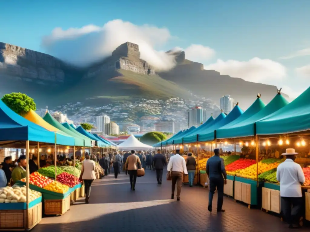 Un animado mercado al aire libre en Ciudad del Cabo, Sudáfrica, con alimentos y personas diversas