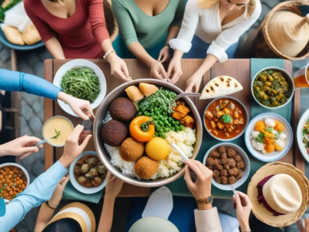 Un animado mercado al aire libre con viajeros disfrutando de platos sin gluten y compartiendo consejos de viaje