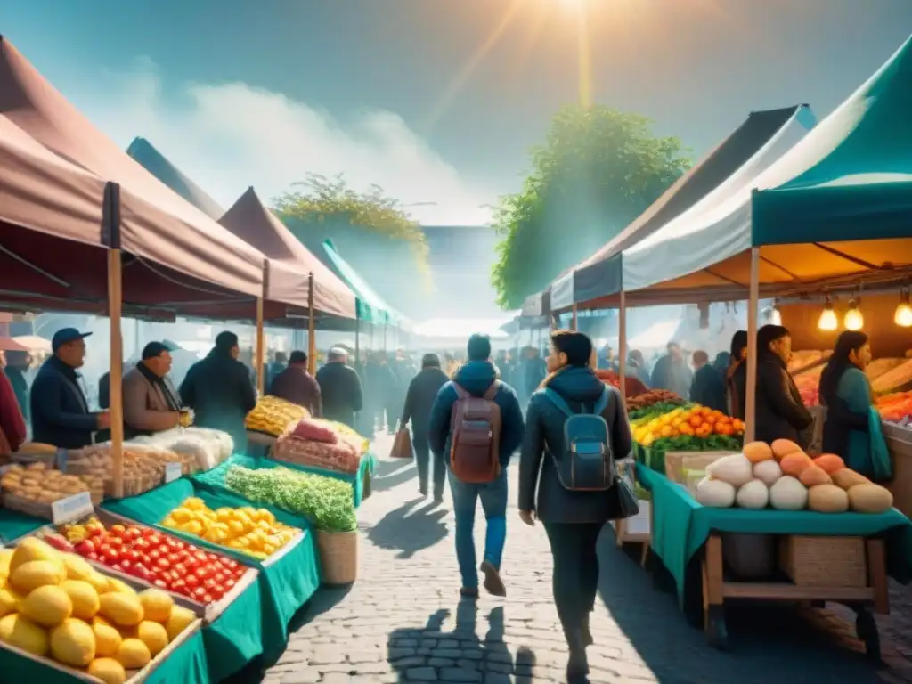 Animado mercado al aire libre con puestos coloridos de alimentos sin gluten