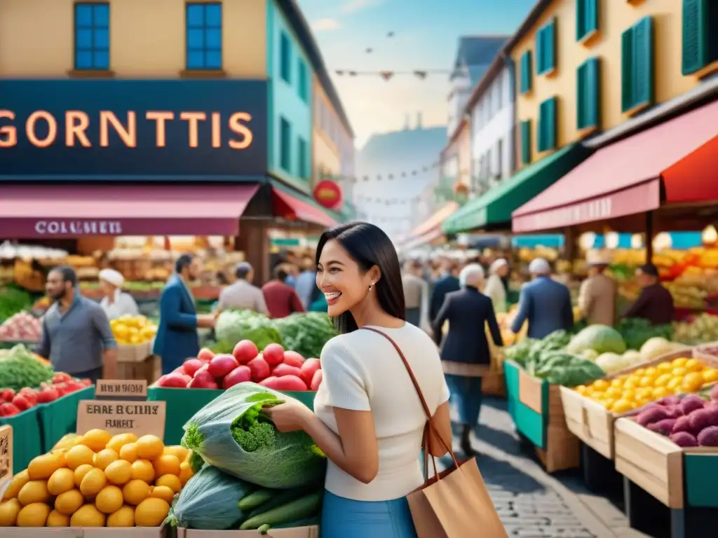 Un animado mercado al aire libre con personas felices comprando frutas, verduras y productos sin gluten, fomentando la dieta FODMAP baja gluten