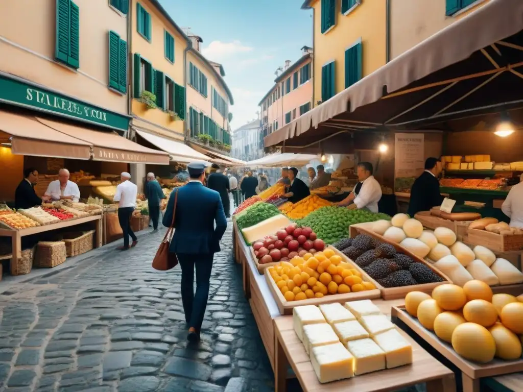 Un animado mercado de alimentos al aire libre en Italia, con vendedores ofreciendo productos frescos y coloridos bajo el cálido sol mediterráneo