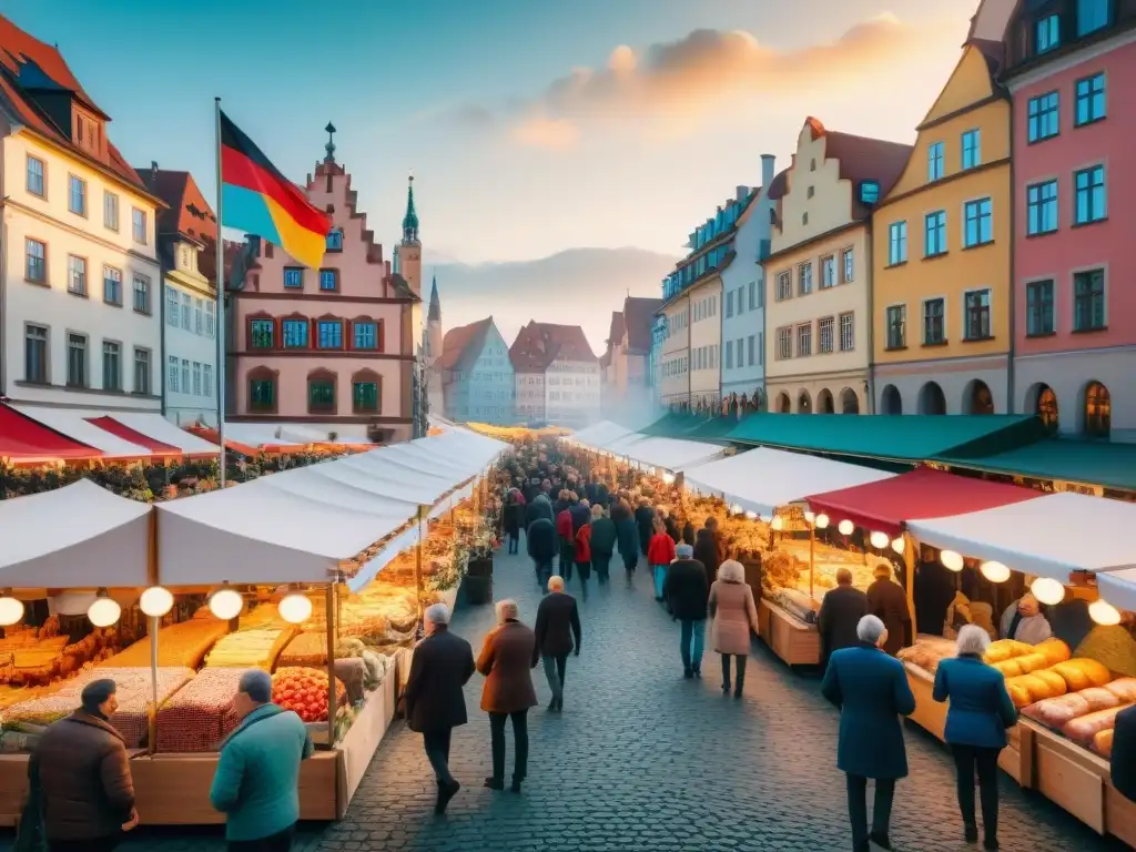 Un animado mercado de alimentos al aire libre en Alemania con puestos de comida coloridos vendiendo platos sin gluten