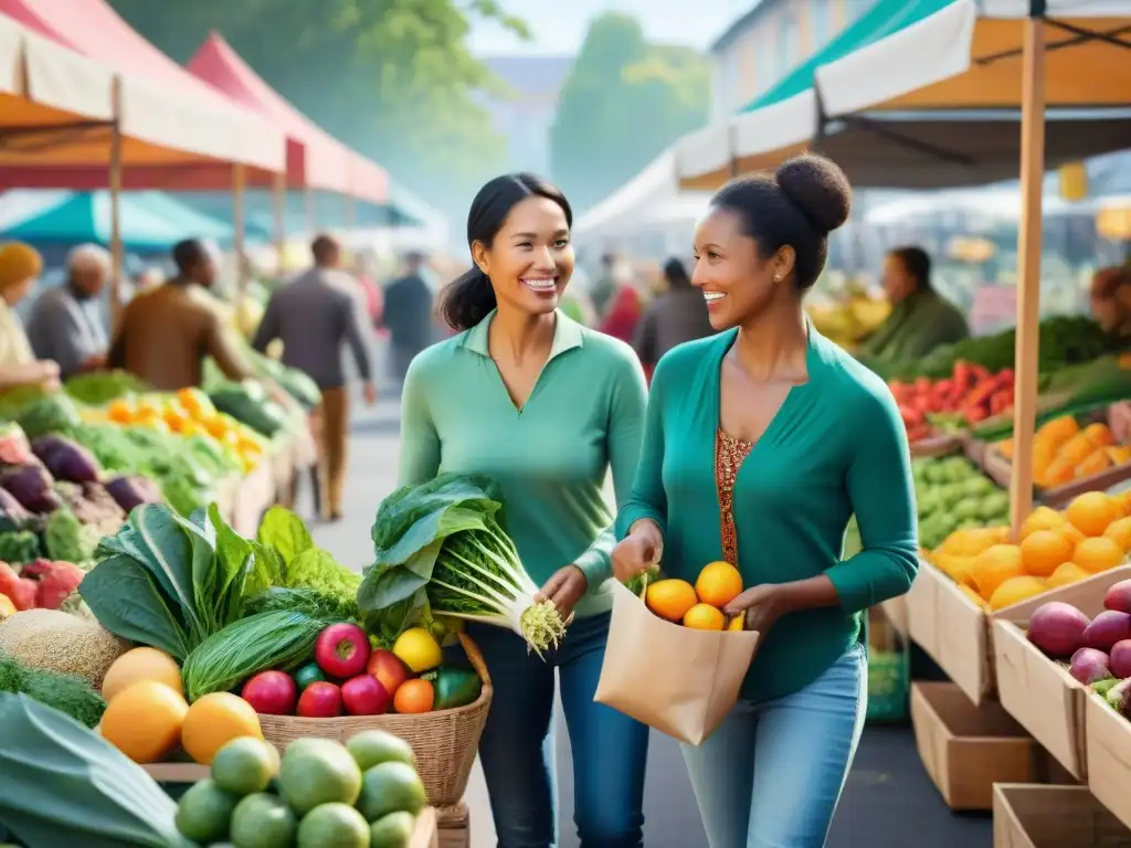 Un animado mercado de alimentos con personas diversas comprando frutas y verduras coloridas y saludables