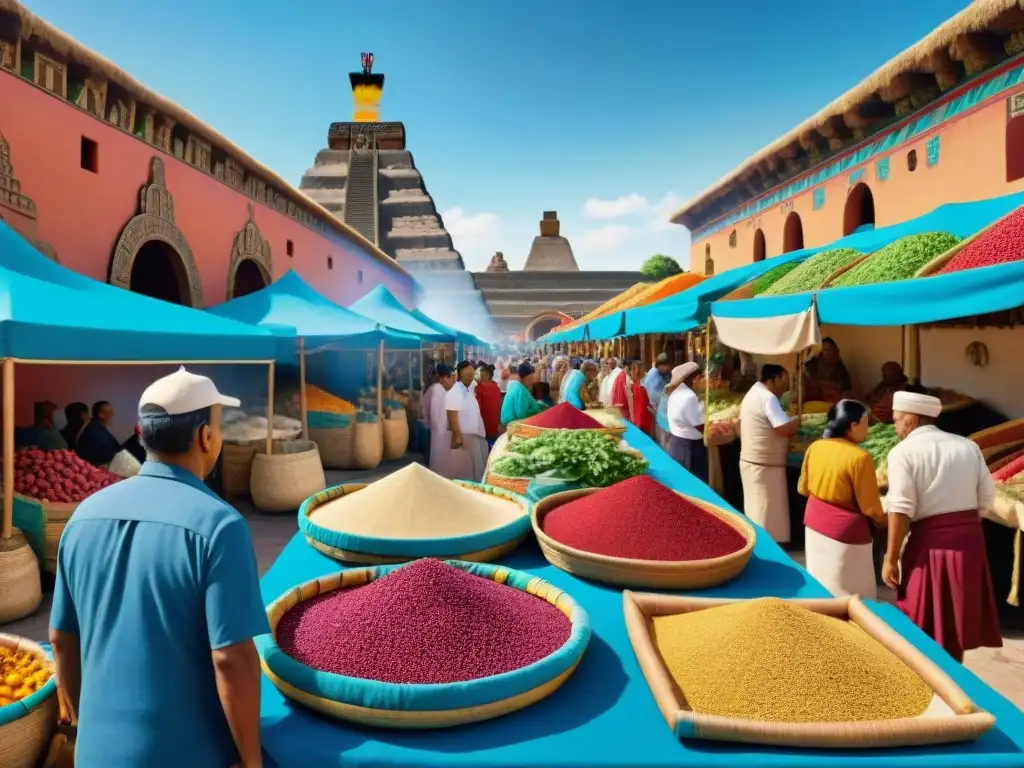 Un animado mercado azteca con puestos de comida tradicional, lleno de colores y vida, bajo un cielo azul brillante