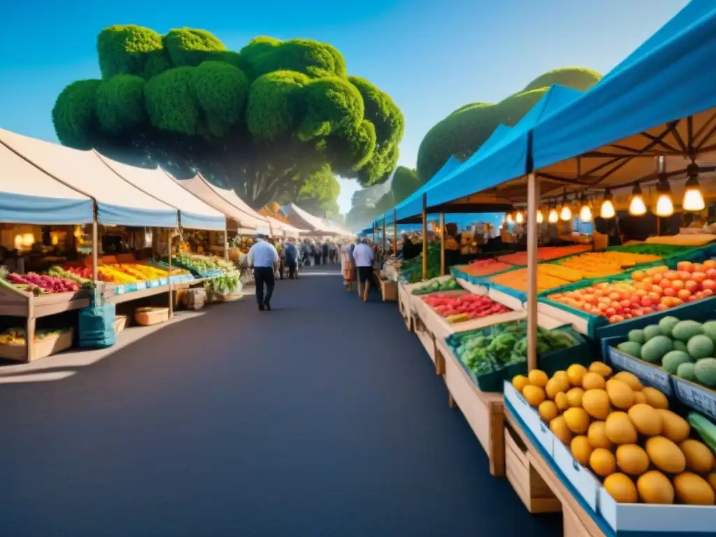 Animado mercado callejero australiano con productos sin gluten, frutas exóticas y vegetales frescos