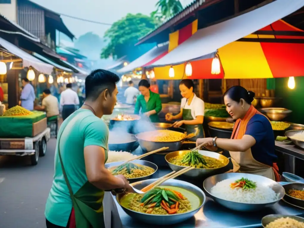 Un animado mercado callejero de comida en Tailandia con platos sin gluten como curry verde, pad thai y mango sticky rice