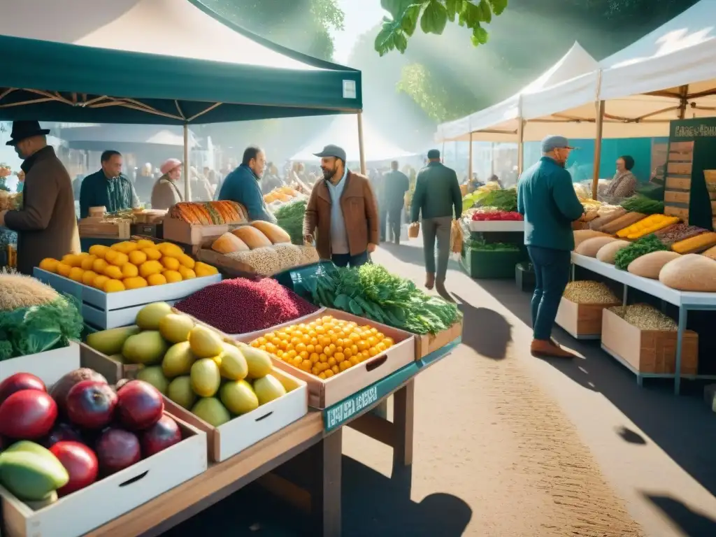 Un animado mercado agrícola con frutas y verduras orgánicas, pan sin gluten y granos innovadores