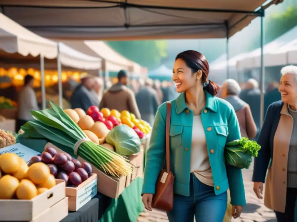 Un animado mercado con frutas y verduras coloridas, gente diversa disfrutando de productos sin gluten