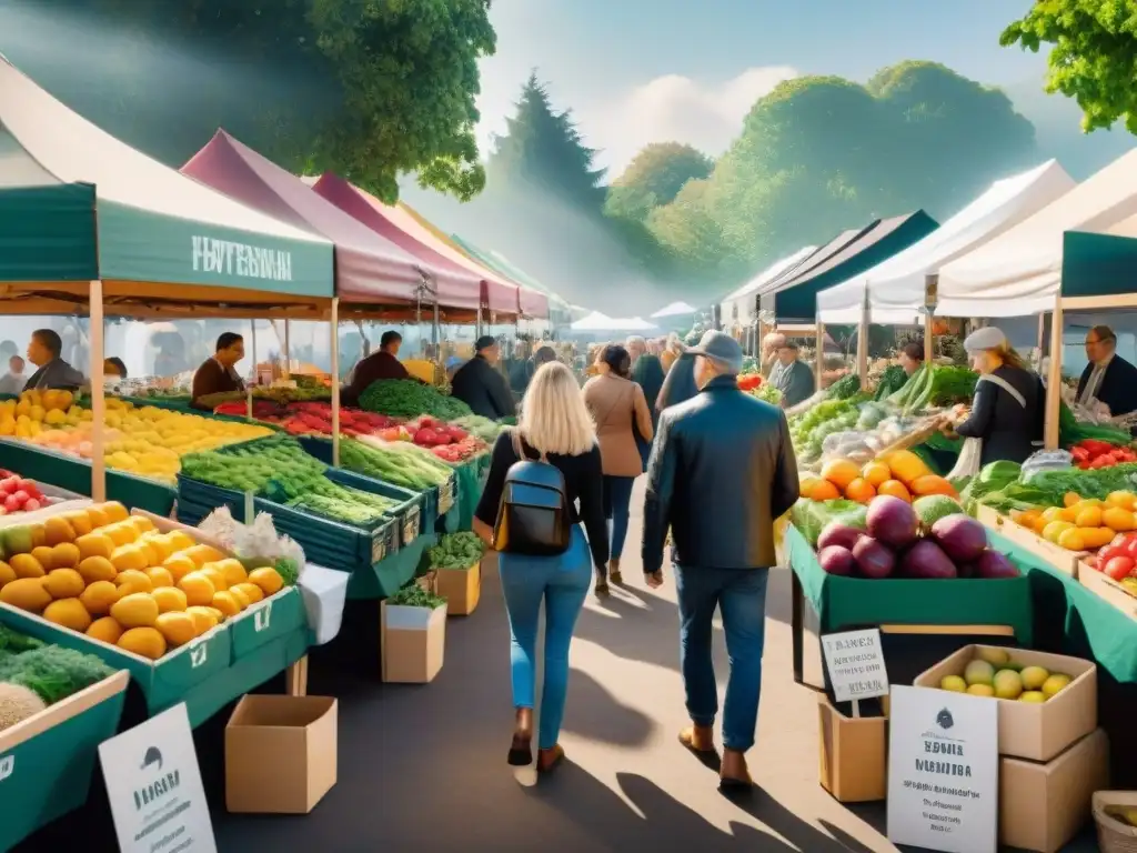 Un animado mercado con frutas y verduras frescas, gente diversa seleccionando productos