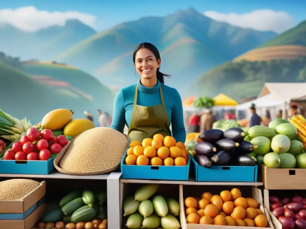 Un animado mercado de granjeros en Sudamérica, promoviendo una dieta sin gluten con productos frescos y coloridos