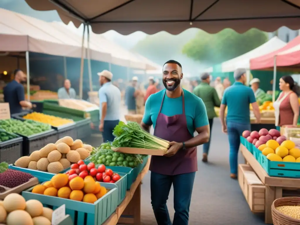 Un animado mercado agrícola con ingredientes locales cocina sin gluten, transmitiendo comunidad y sostenibilidad