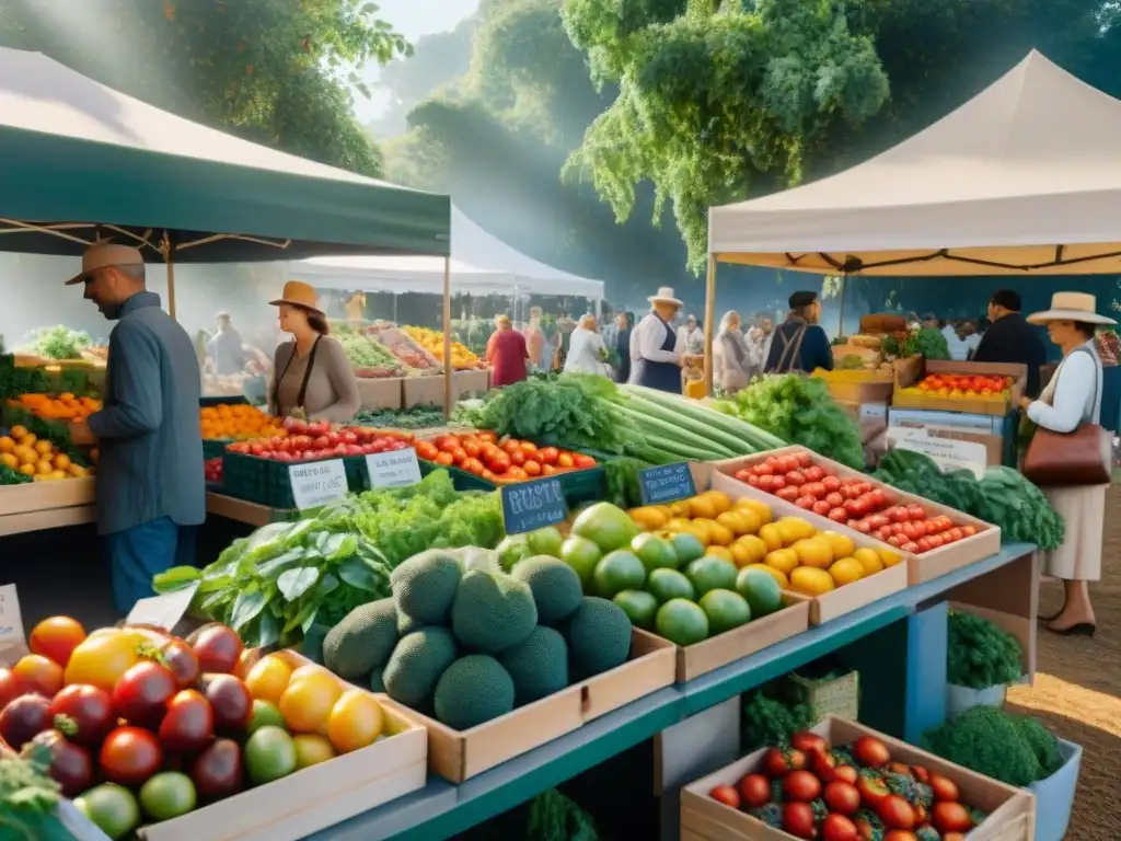 Un animado mercado agrícola con ingredientes orgánicos y recetas sin gluten, bañado por la cálida luz del sol