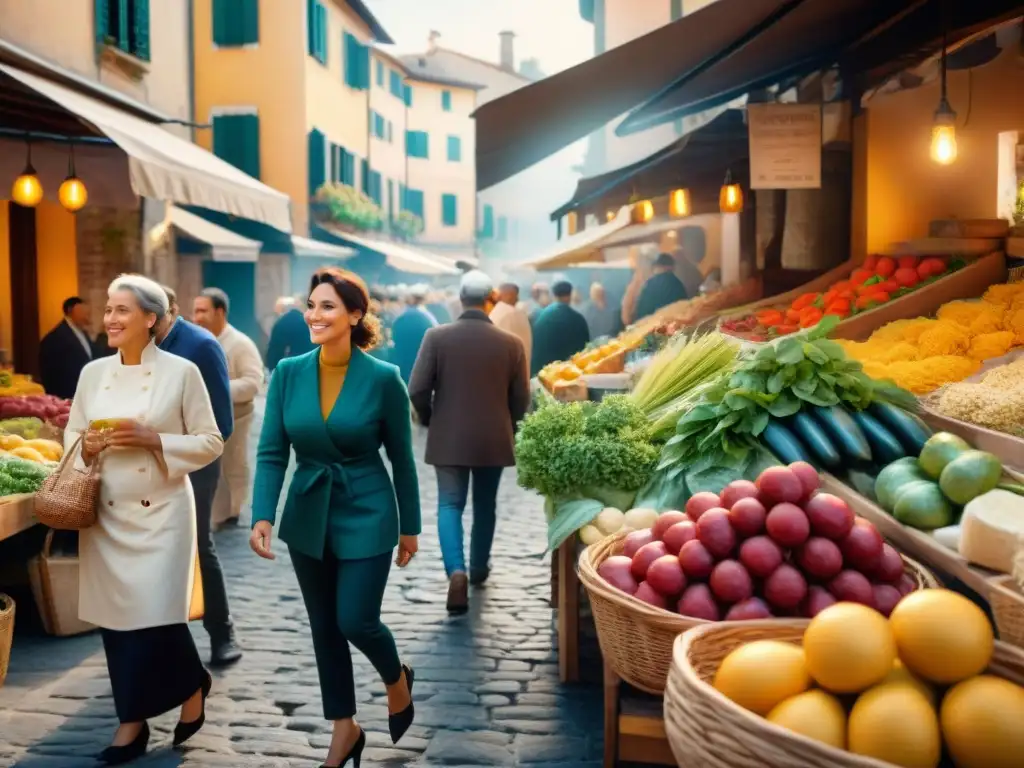 Un animado mercado italiano lleno de coloridos productos frescos, quesos artesanales y pasta sin gluten