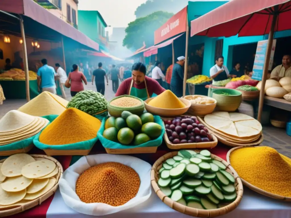 Un animado mercado latino con productos sin gluten en culturas, ofrece variedad y tradición