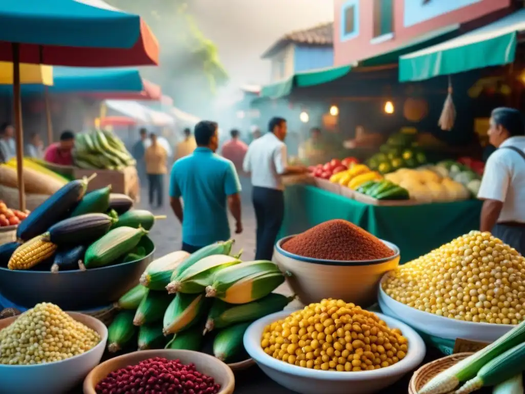 Un animado mercado Latinoamericano con platos sin gluten, colores vibrantes y música tradicional