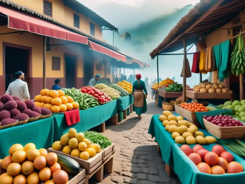 Un animado mercado latinoamericano con puestos coloridos ofreciendo frutas, verduras frescas y platillos tradicionales sin gluten