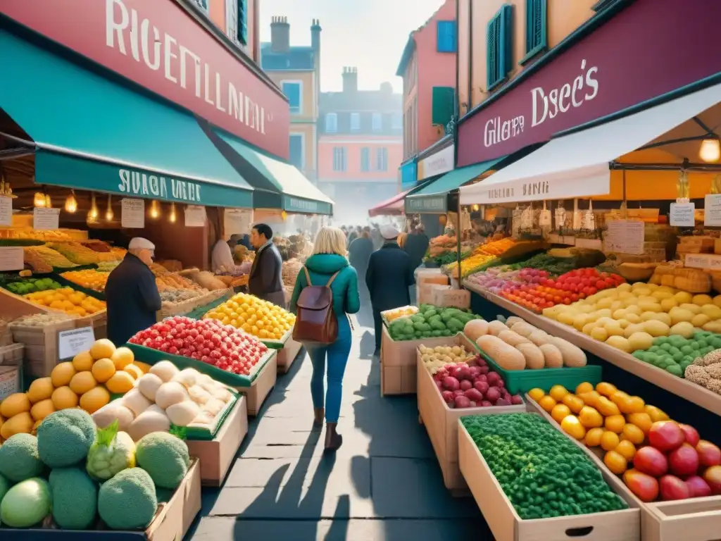 Un animado mercado lleno de coloridos puestos vendiendo productos sin gluten