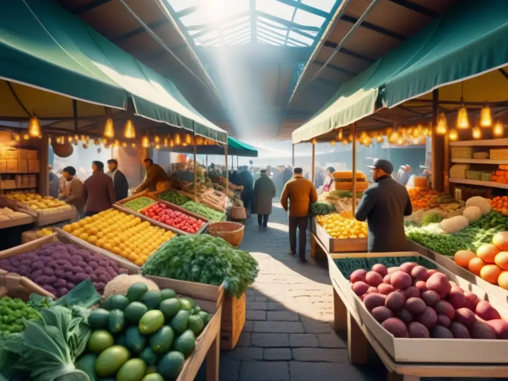 Animado mercado local con productos coloridos y sin gluten, gente comprando y vendiendo en un ambiente comunitario y sostenible