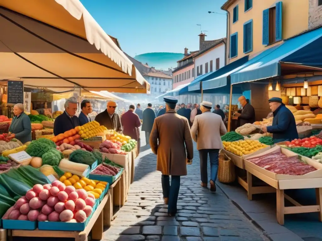 Un animado mercado local en León, España, con productos frescos y coloridos bajo un cielo azul