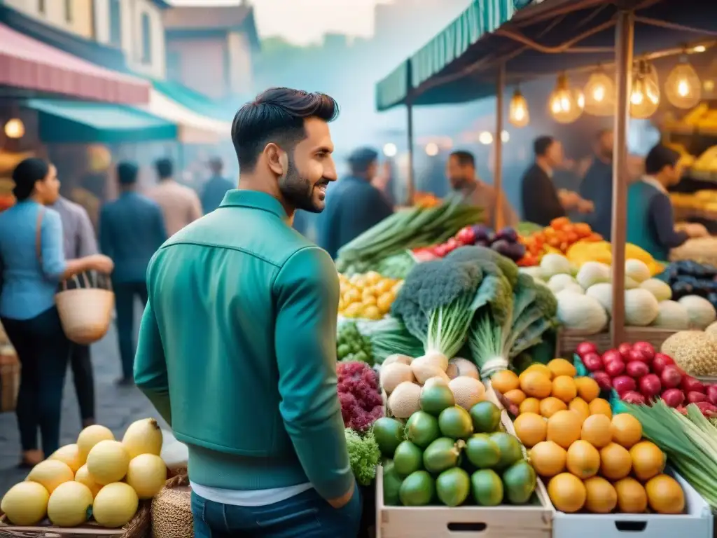 Animado mercado local con puestos de frutas, verduras y productos sin gluten, creando un ambiente vibrante y acogedor