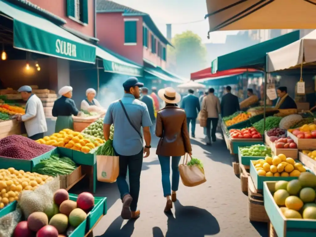 Un animado mercado local con puestos de frutas, verduras y productos sin gluten, mostrando una atmósfera vibrante de comunidad y abundancia culinaria