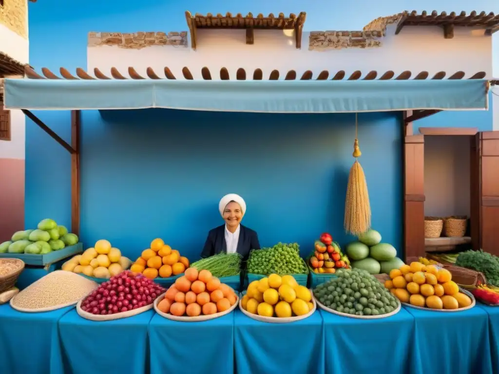 Un animado mercado mediterráneo con frutas, verduras, hierbas y granos sin gluten