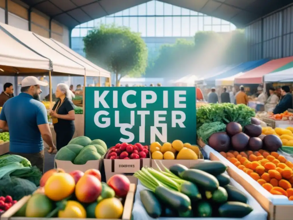 Animado mercado agrícola con productos sostenibles y sin gluten, reflejando comunidad y conciencia ambiental