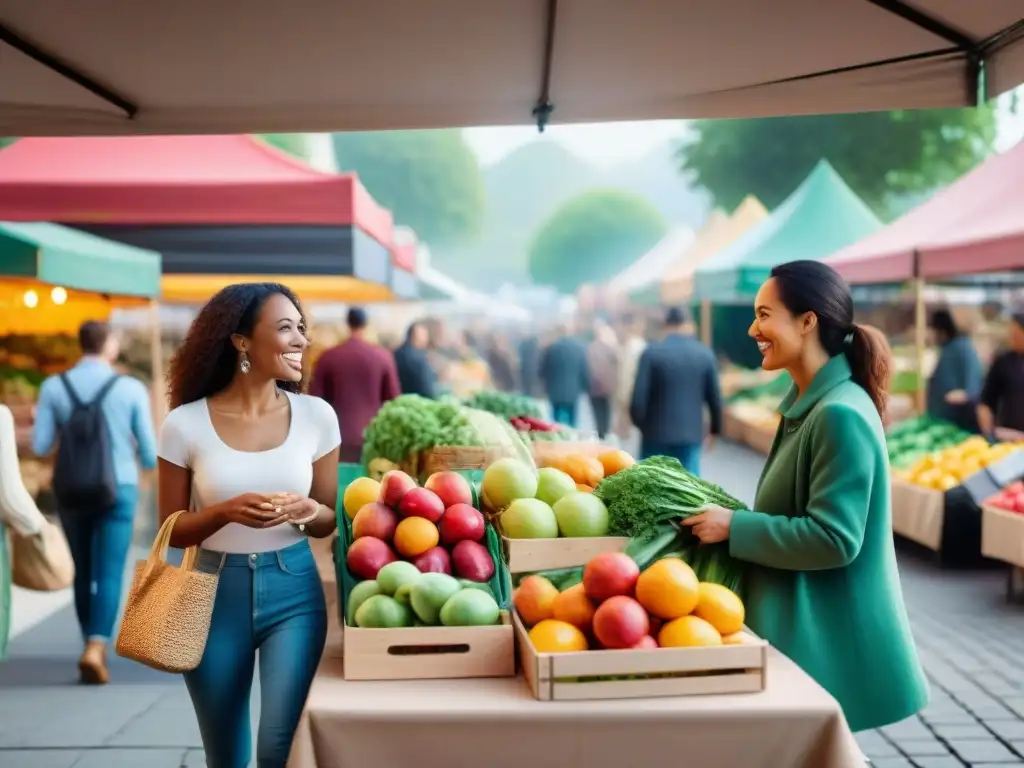 Un animado mercado agrícola con productos veganos sin gluten, lleno de colores y vida