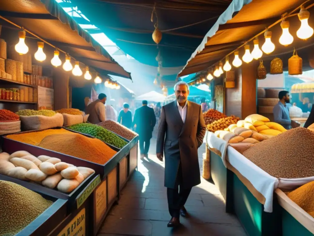 Un animado mercado del Medio Oriente con puestos coloridos vendiendo especias, frutas y granos, vendedores llamando con entusiasmo a los transeúntes