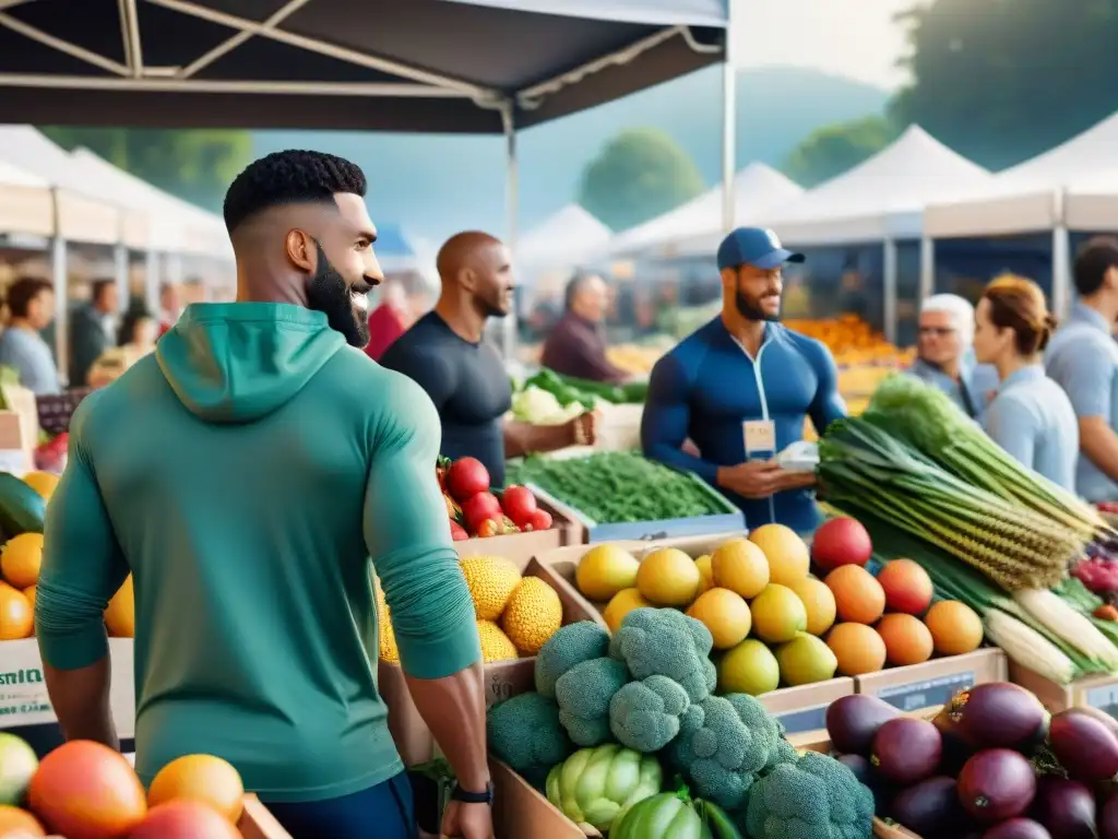 Un animado mercado con puestos de frutas, verduras y granos sin gluten