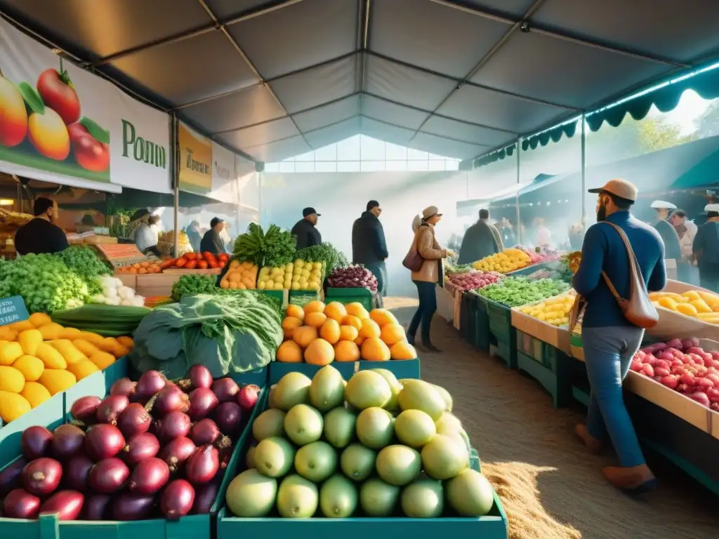 Un animado mercado con puestos rebosantes de frutas y verduras frescas, transmitiendo comunidad y abundancia natural