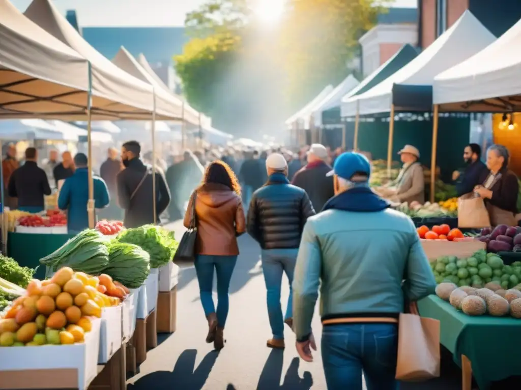 Un animado mercado agrícola rebosante de colores y productos frescos, con música en vivo y eventos sin gluten innovadores