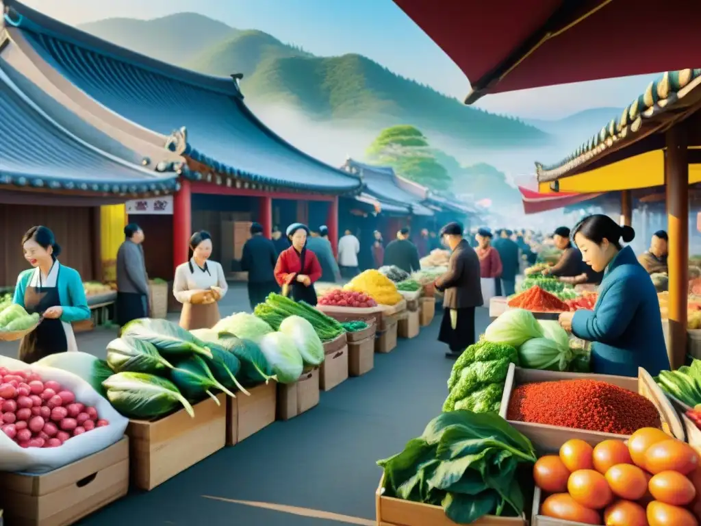 Mercado tradicional coreano: vista vibrante y detallada Animado mercado tradicional coreano con coloridos puestos de verduras frescas, esencial para hacer kimchi sin gluten