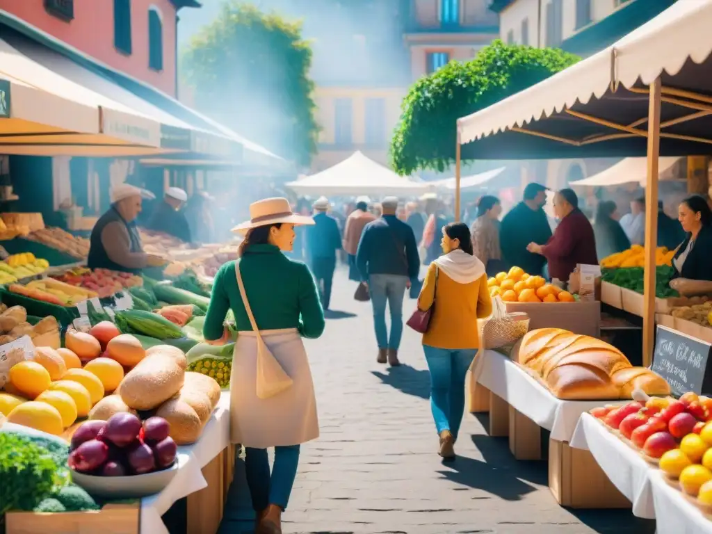 Un animado mercado con variedad de frutas, verduras y productos sin gluten