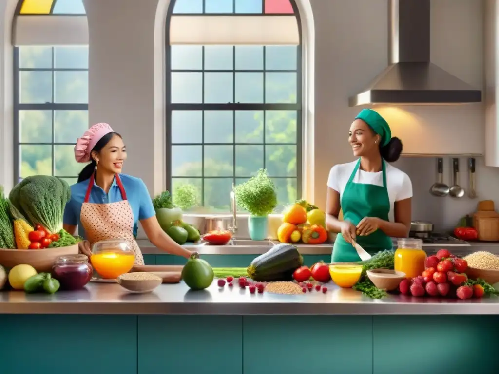 Un animado mostrador de cocina lleno de ingredientes sin gluten, con niños cocinando felices juntos