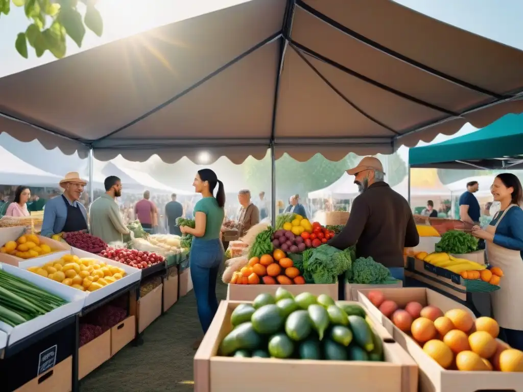 Un animado puesto de mercado con frutas, verduras y granos sin gluten