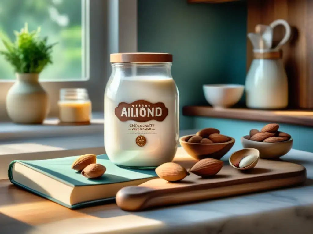 Un apacible rincón de cocina con leche de almendras sin gluten, almendras, libros de recetas, cuchara de madera y luz solar