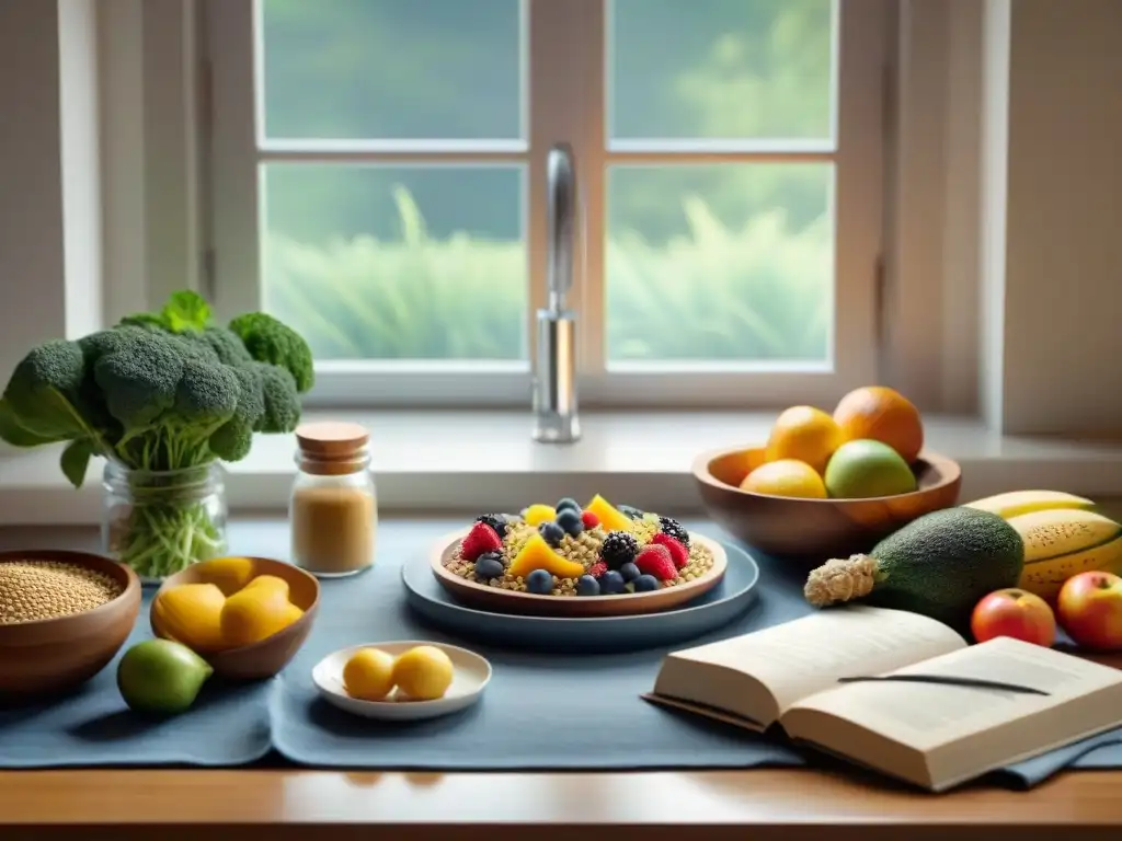 Un apacible escenario de cocina con una mesa de madera lista para una comida sin gluten, repleta de frutas frescas y vegetales