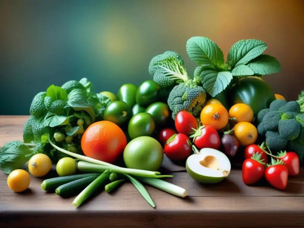 Una apetitosa exhibición de frutas y verduras frescas en una mesa rústica, ideal para una dieta FODMAP baja en gluten