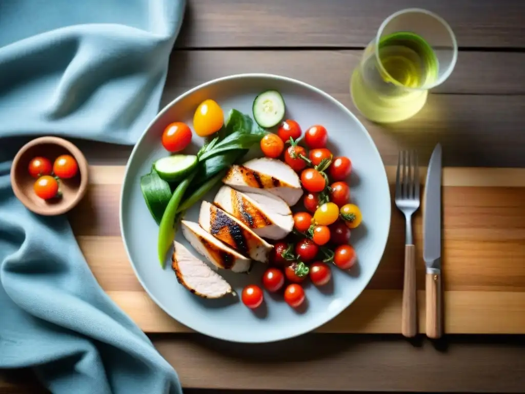 Una apetitosa imagen de un plato con alimentos coloridos y bajos en FODMAP y gluten, en una mesa rústica con luz natural cálida