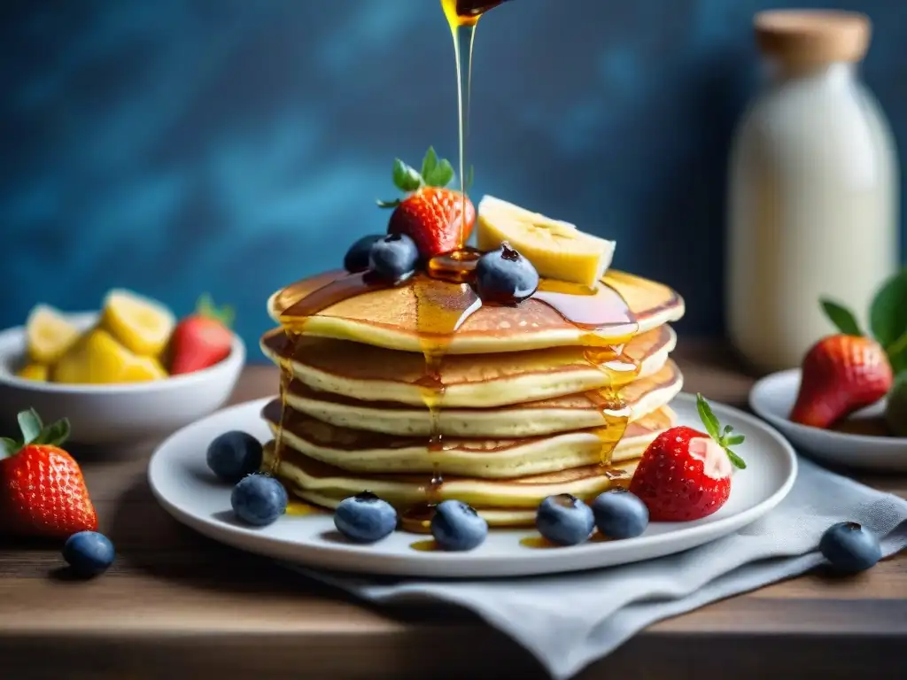 Una apetitosa pila de pancakes sin gluten, con frutas frescas y sirope de arce