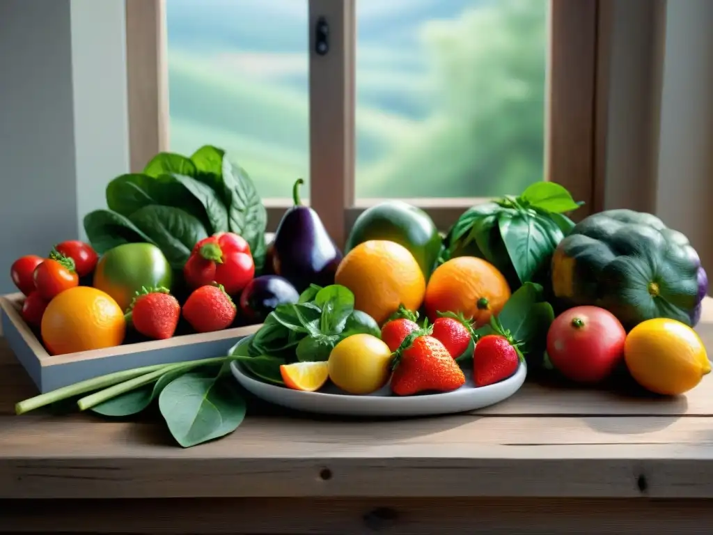 Una apetitosa selección de frutas y verduras frescas en una mesa rústica, ideal para recetas sin gluten con frutas