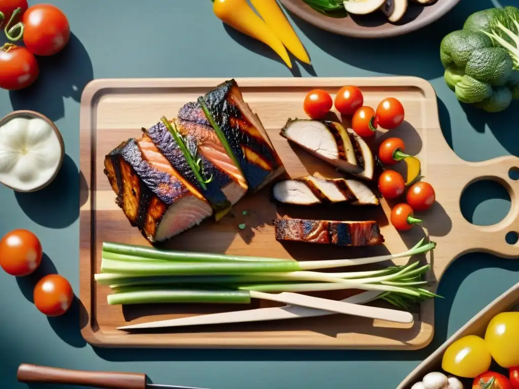 Una apetitosa variedad de verduras y carnes en una tabla de cortar de madera, lista para ser ahumada en la parrilla