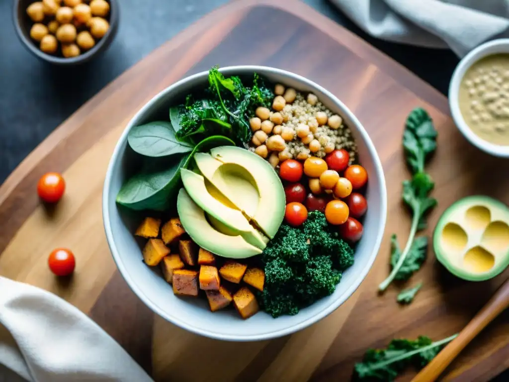 Un apetitoso bol de Buda vegano y sin gluten con ingredientes frescos y coloridos