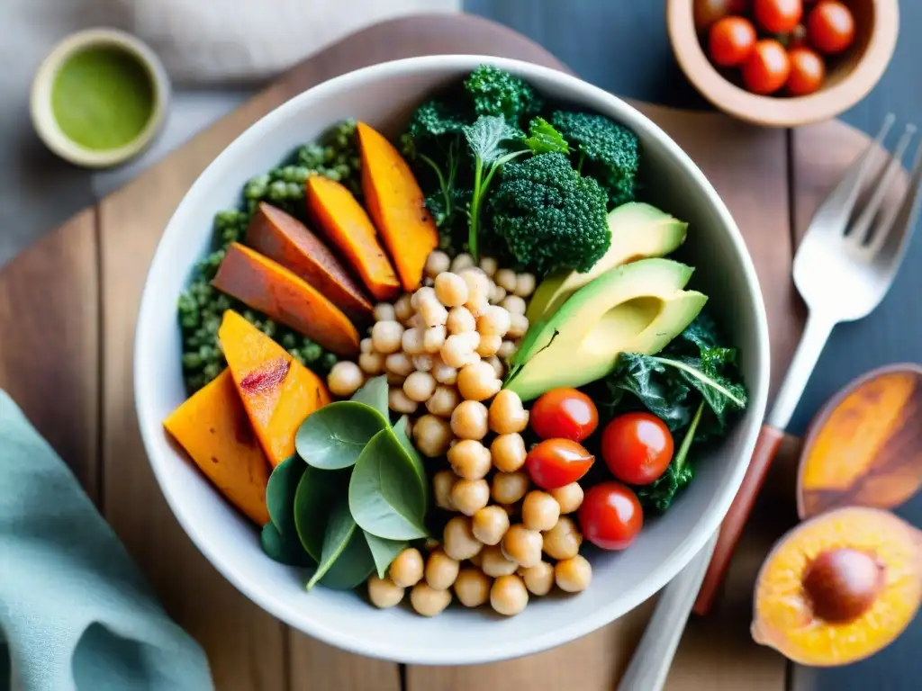 Un apetitoso bowl de Buda con ingredientes frescos y coloridos en una mesa rústica